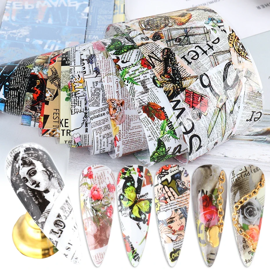 Newspaper Gel Nail Polish Transfer Stickers Set Vintage Flowers Letter Lady Nails Art Foils Slider Manicuring Paper Tips BE5114