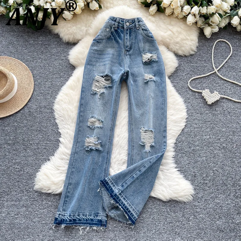 

ANJY Autumn New Women Trendy Ripped Jeans Distressed Frayed Hem Vintage High Street Elegant Fashion Casual Y2K Denim Pants A8824