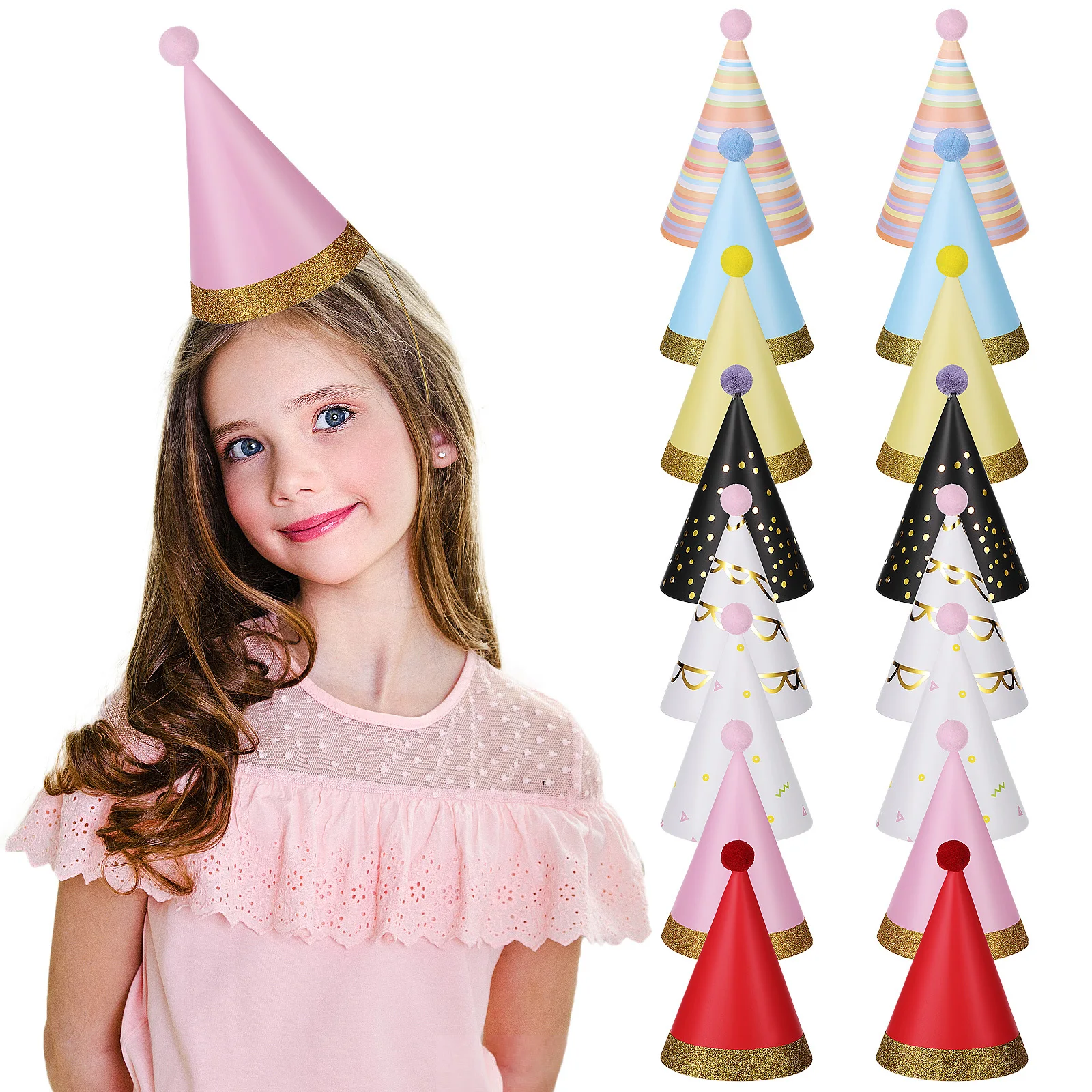 

16 pcs Birthday Party Hats Colored Cone Paper Hats With Pom Poms For Adults Birthday Party Supplies Decorations