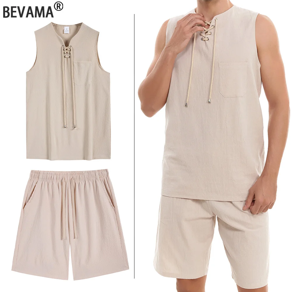

Men's Casual Vest Shorts Suit Summer Breathable Beach Sleeveless Tie Neckline Vest Shorts Suit Solid Color Vest Shorts Set