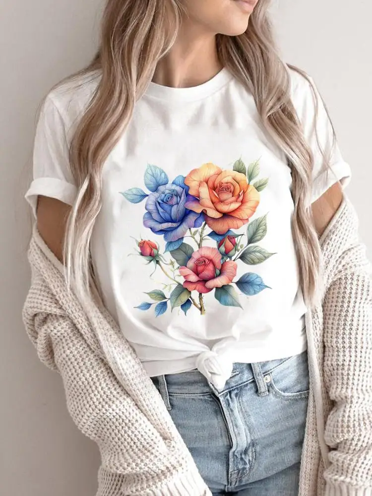 

Модные женские футболки с коротким рукавом, стильные топы с цветочным принтом в стиле 90-х, графический дизайн, женская футболка