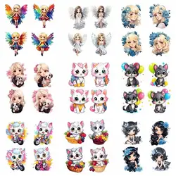 15cm Animal set ironing transfer patch, used for DIY flower T-shirts, Colorful Cat Angel Girl heat transfer, used for children's