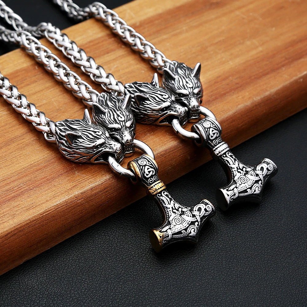 Vintage 316L Stainless Steel Thor's Hammer Pendant Necklace Viking Wolf Head Keel Chains For Men Nordic Jewelry Amulet Gifts