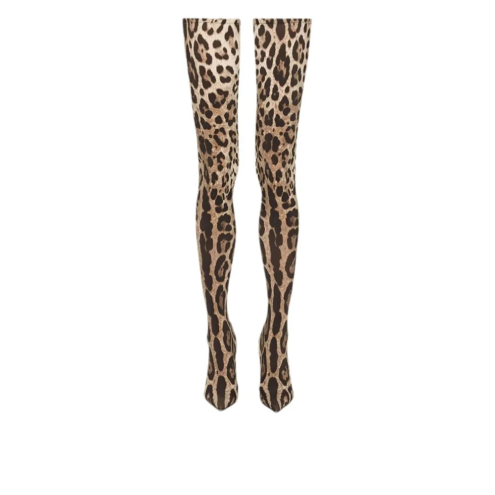 2024 Women\'s Over Knee Elastic Sleeve Boots Sexy Leopard Print Thin High Heels Show Legs Long and Thin Boots Show Boots