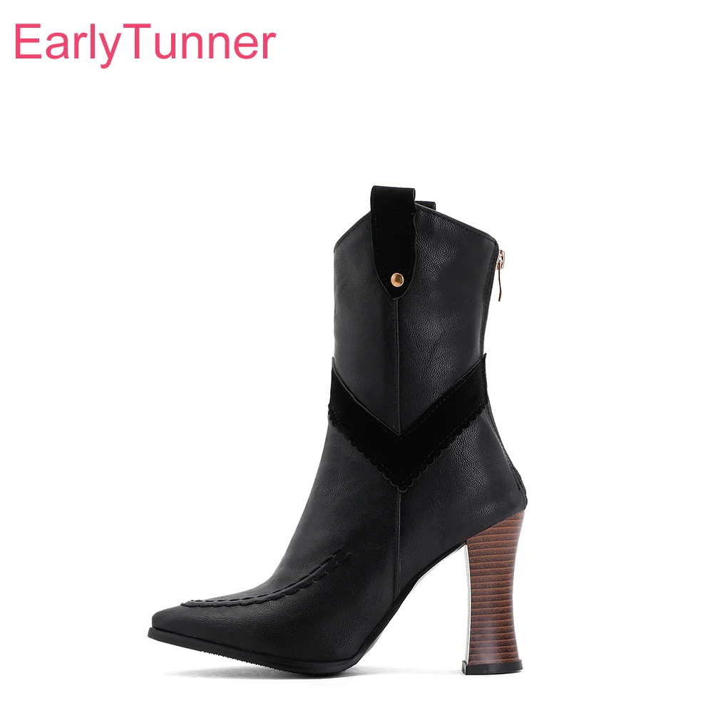 

2025 Winter New Classic Black Green Women Mid Calf Boots Pointed Toe High Heels Lady Shoes Plus Small Big Size 11 33 44 48 50