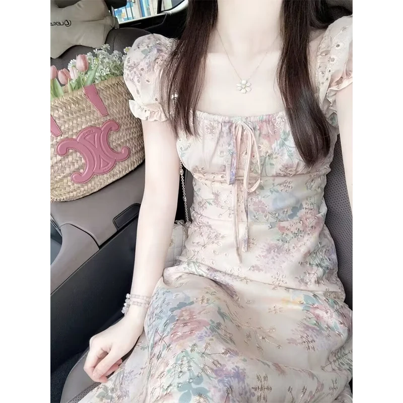 Lieve Elegante Dames Franse Bloemenprint Zomerjurk Vintage Poff Mouw Vierkante Hals A-Lijn Lady Jurken Boho Robe