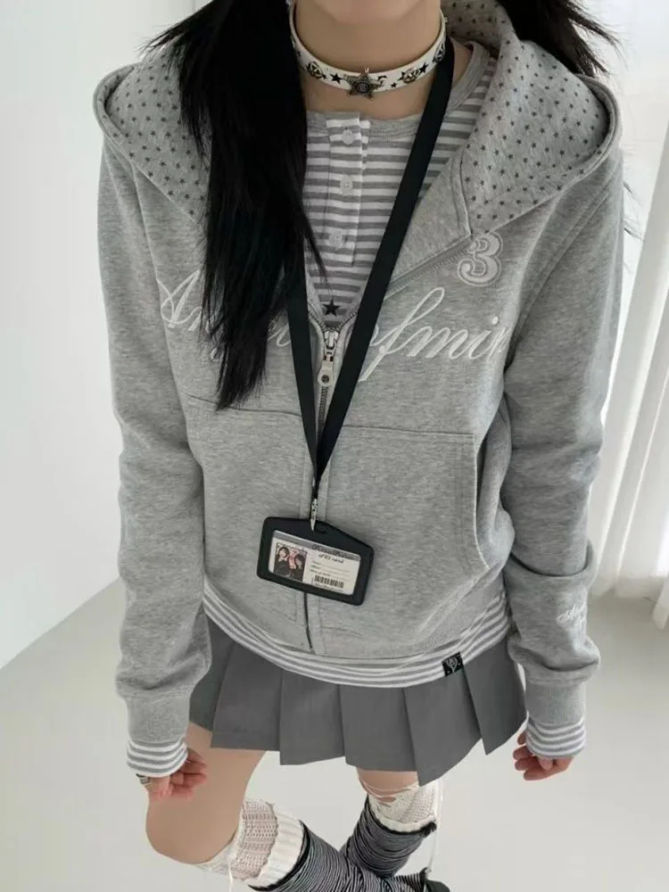 Letter Embroidered Hooded Jacket for Women Japanese Star Print Zipper Coats Retro 2000S Preppy Long Sleeve Autumn Outerwear