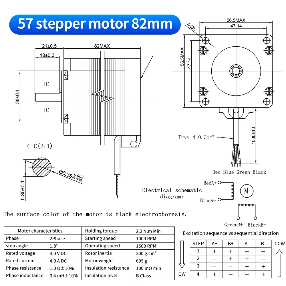 Nema23 82mm Single Axis 6.35mm 57 Stepper Motor 57HS82 4A 2.2Nm 57BYGH 4 Lead for 3D Printer CNC Router Laser Engraver Motor