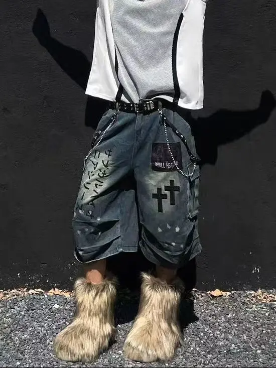 

Укороченные джинсы в японском субкультуре в стиле панк для мужчин и женщин, модные широкие джинсы в готическом стиле Wasteland с морщинистой нашивкой и надписью