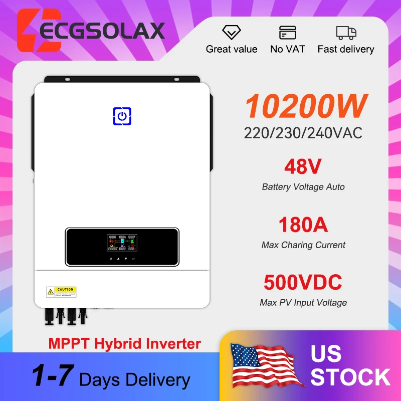 

Гибридный солнечный инвертор ECGSOHAX 10.2 кВт, 48В 230В переменного тока, с двойным MPPT контроллером заряда 180А, для фотоэлектрических панелей до 500В постоянного тока, чистый синусоидальный инвертор