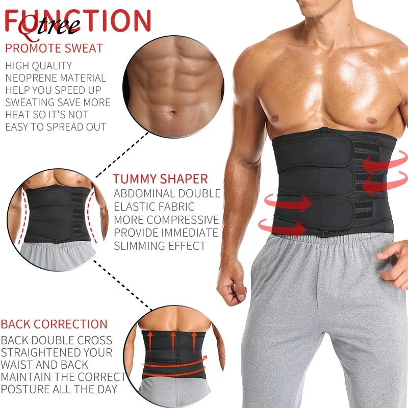 Qtree Men Hot Neoprene Body Shaper Sauna Workout Waist Trainer Trimmer Belt for Weight Loss Sweat Belly Double Straps Shapewear