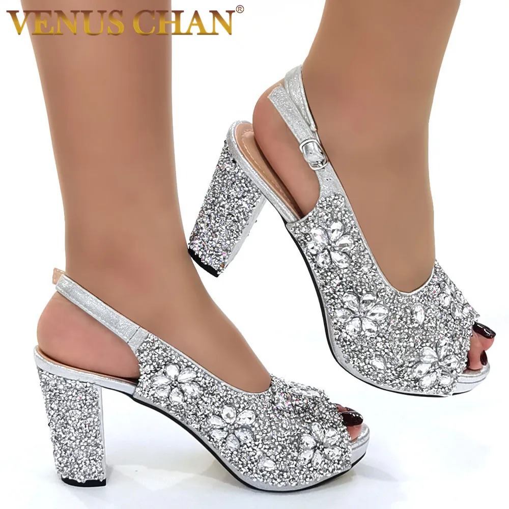 Venus Chan African Fashion Wedding High Heel Sandals 2022 Italian Full Diamond Design Red Color Party Women Shoes