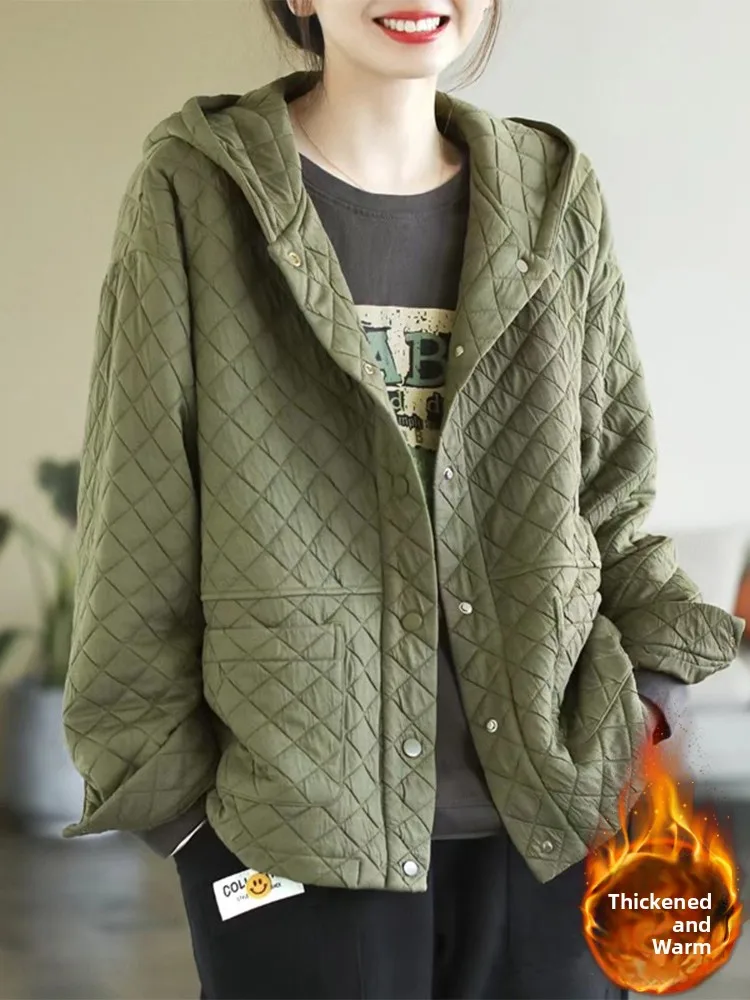 

Retro Diamond Pattern Women's Cotton Jaet Lightweight down Coat Hooded Coat Warmth Faionable Commute Sle Long Sve