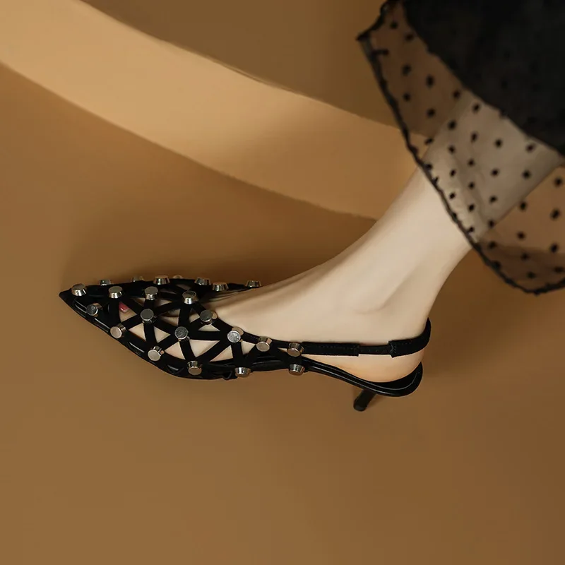 Genuine Leather Hollow Rivets Sandals for Women Black Slingback High Heels Sandals 2025 Summer New Party Office Flats Shoes