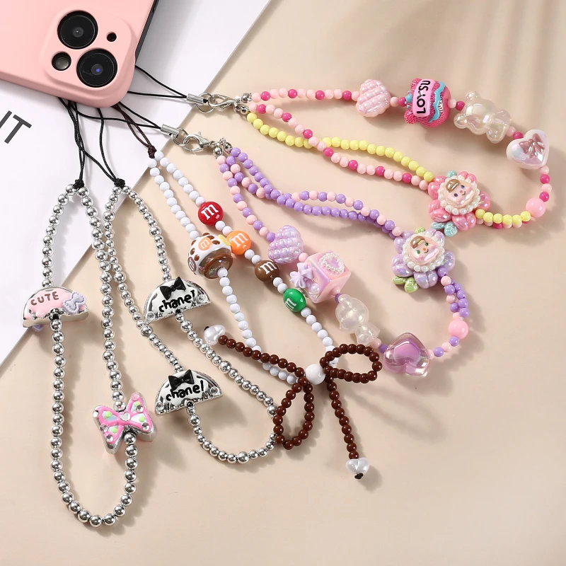 Sweet Acrylic Mobile Phone Chain Cartoon Flower Heart Bow Beaded Cellphone Strap For Women Girls Anti-Lost Phone Chain Jewelry