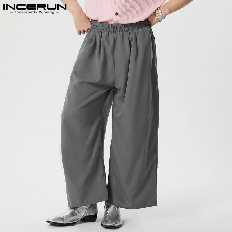 INCERUN 2026 Men Pants Solid Color Elastic Waist Wide Leg Trousers Men Pleated Streetwear Harajuku Vintage Casual Pants S-5XL