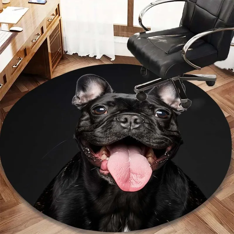 Round Office CFrench Bulldog Face Round Rug Flannel Cute Pet Lover Office Chair Mat Anti Fatigue Floor Pad