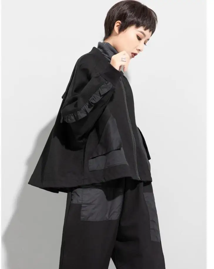 Autumn Spring 2024 Ruffles Patchwork Pockets Zipper Jacket Women New Black Vintage Long Sleeve Loose Causal Coat Fashion Clothes