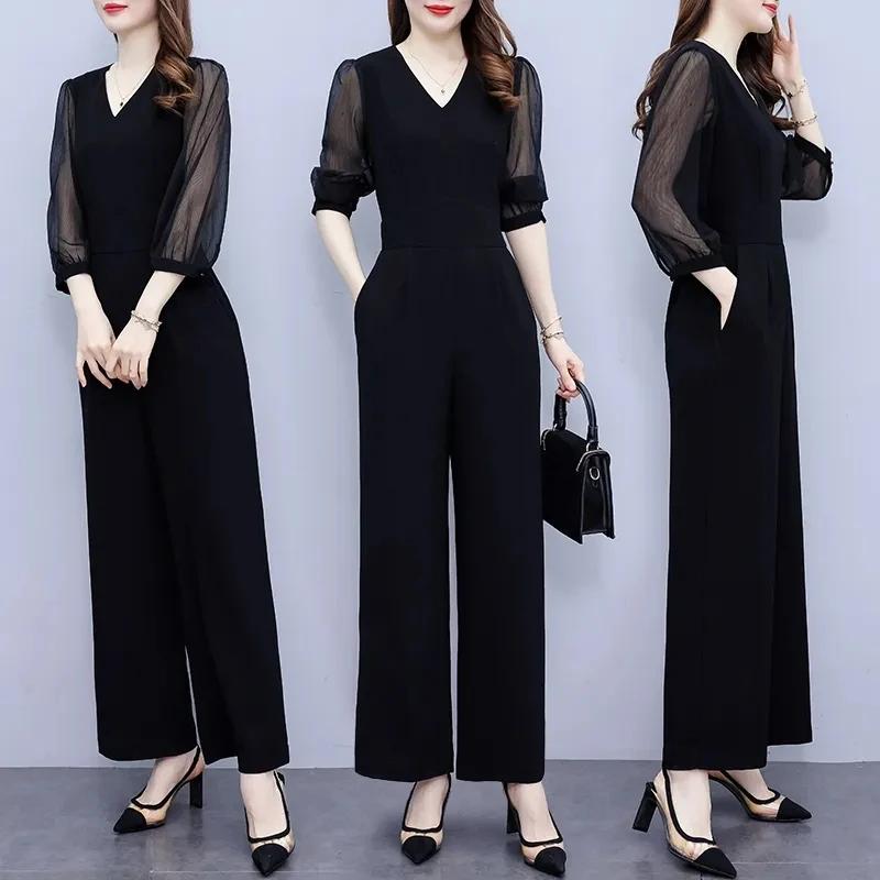 2024 New Spring and Summer Fashion Temperament Jumpsuit Black High Waist Slim Cropped Sleeve Chiffon Wide-leg Jumpsuit Female