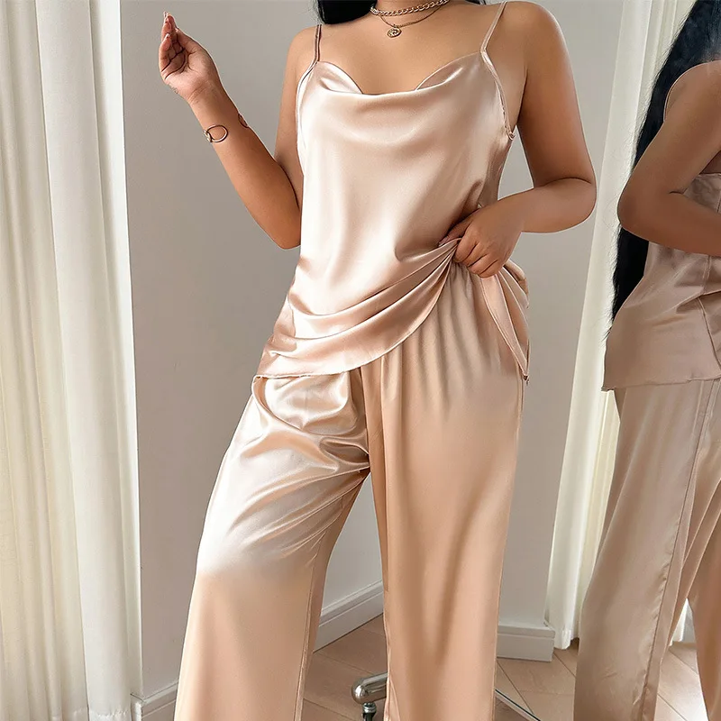 

Sexy Sleepwear Women's Autumn New Suspender Pants Two-piece Set Sleepwear Set Imitation Silk Nightgown