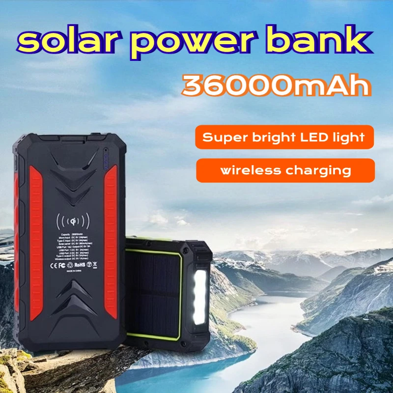 

С беспроводной зарядкой, 36000 мАч, аккумулятор на солнечной батарее, супер яркий светодиодный светильник, запасная батарея для быстрой зарядки для IPhone, Samsung, Xiaomi