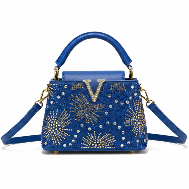 2026 New Women's Rhinestone Top Handle Handbag Firework Burst Pattern Faux Leather Shoulder Bag Luxury Samll Crossbody Bag