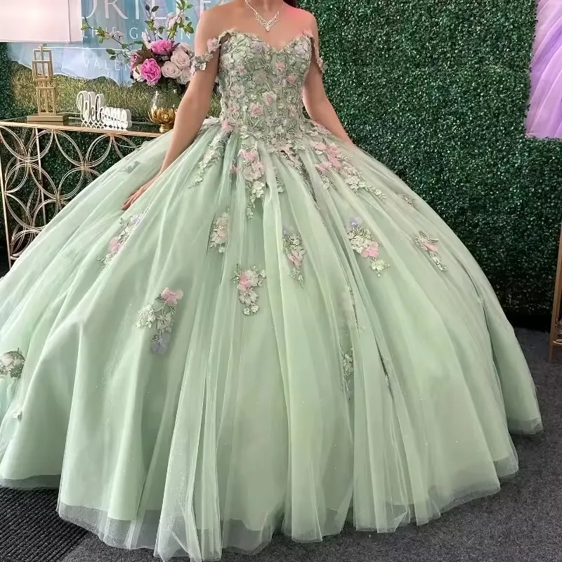 فستان Quinceanera باللون الأخضر الحكيم مزين بالزهور والدانتيل بدون أكتاف حلوة 15 16 سنة فيستدوس دي 15 أنوس