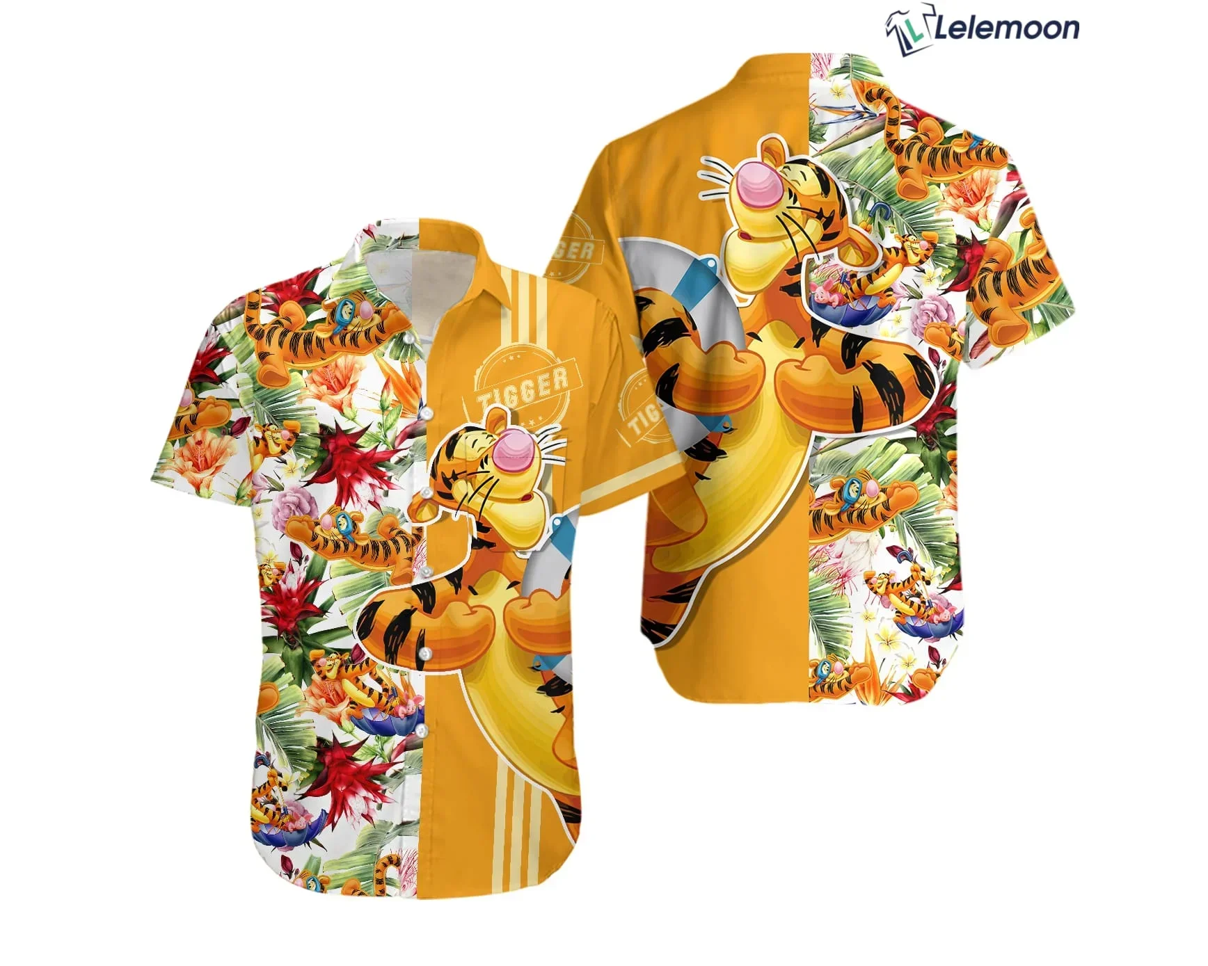 

Disney Tigger Printing Hawaiian Beach Style Shirts Fashion Comfortable Men's Women's Short Sleeve Turn-down Collar Shirts