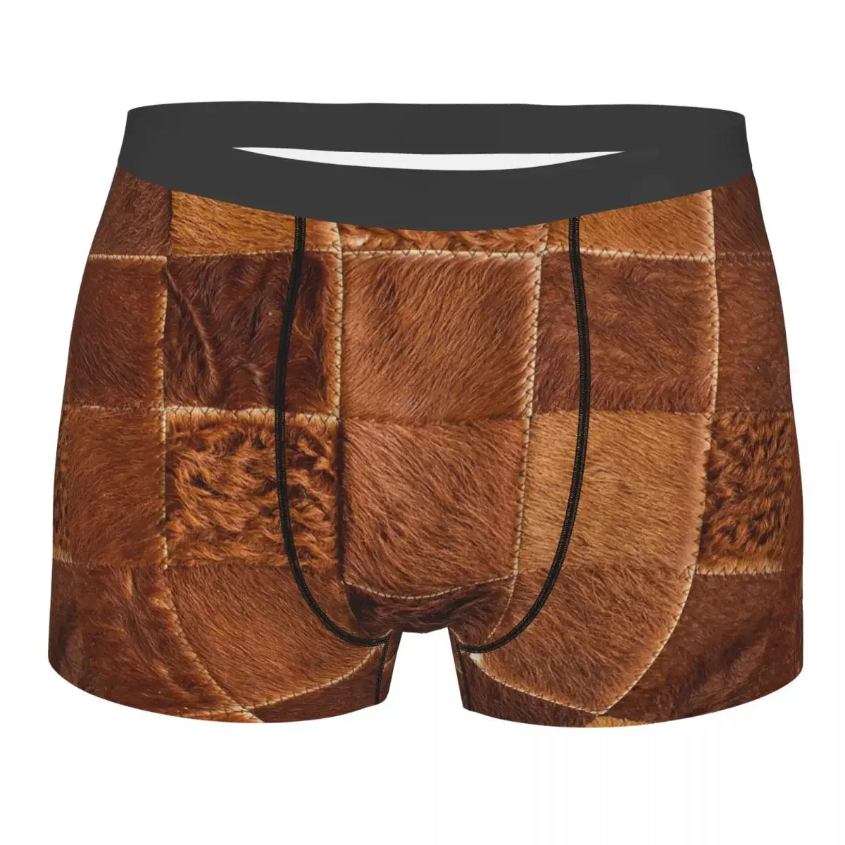 Man Boxer Briefs Shorts Panties Brown Checkered Cowhide Patches Polyester Underwear Homme Printed Plus Size Underpants