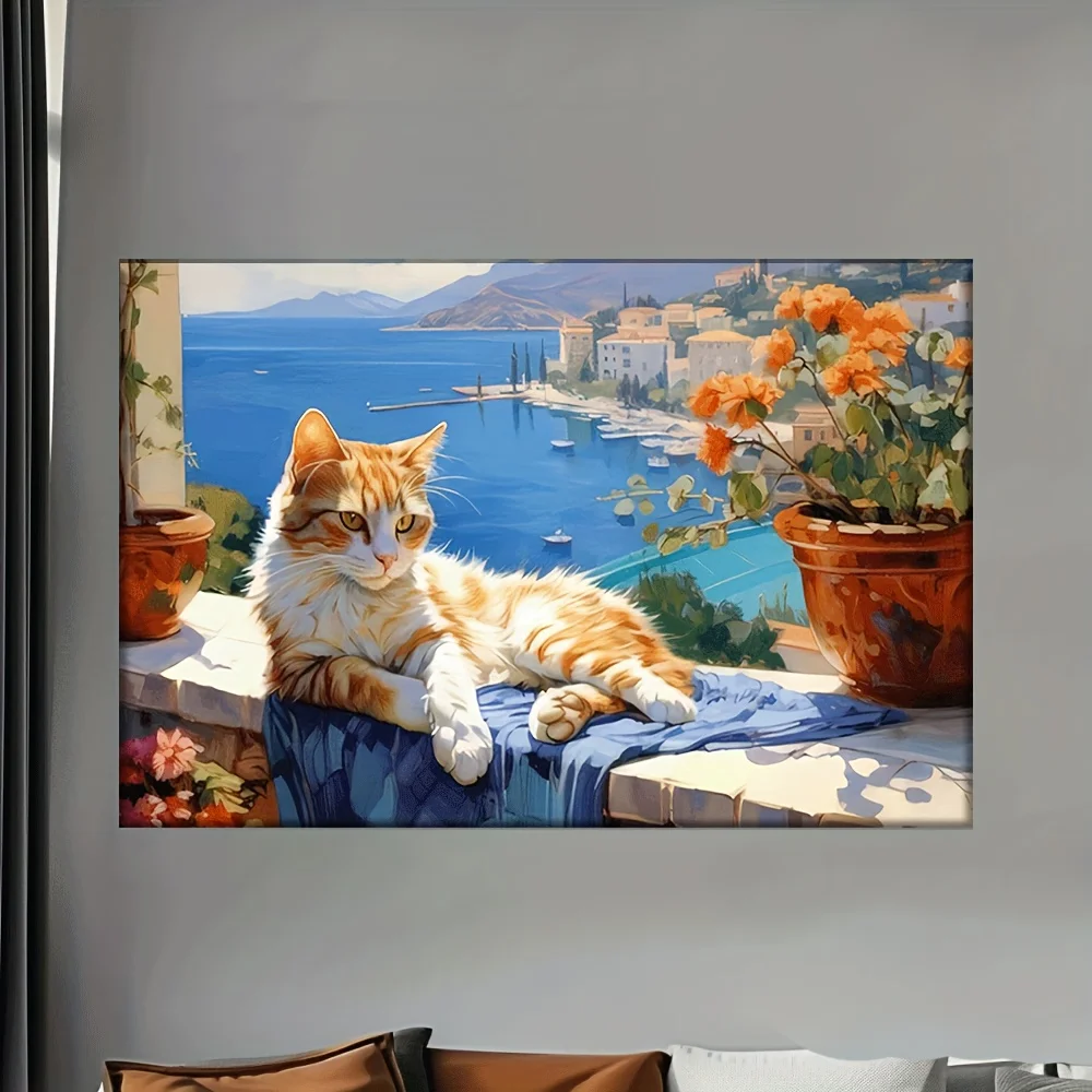 2D Flat, 2D Flat, 1pc, Canvas Painting--Unframed, Cat Basking in The Sun on The Windowsill, Posters And Prints, Living Room,