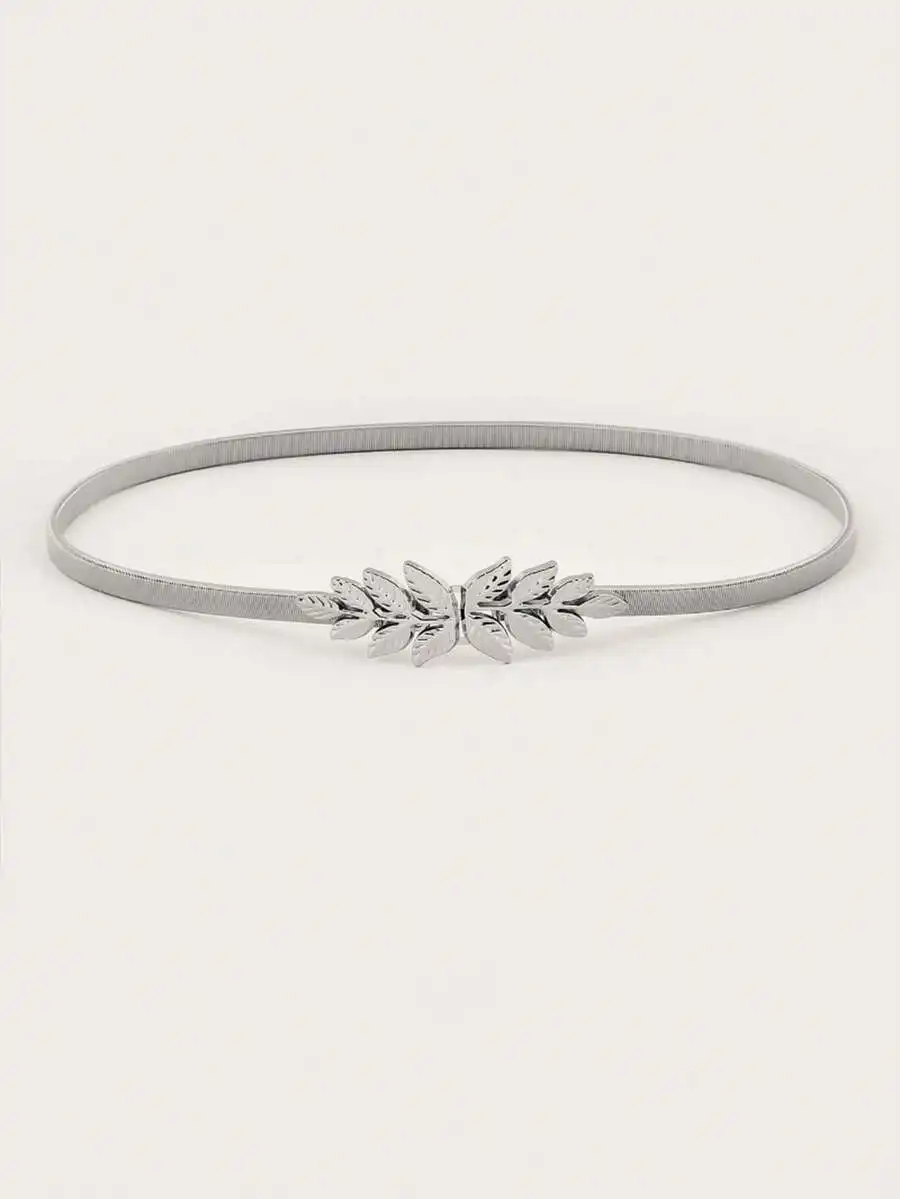 Ellevyn 1pc Women Silver Leaf Decor Elastic Waist Chain Belt, Elegant Versatile Accessory To Match Dresses, Skirts, Jackets For