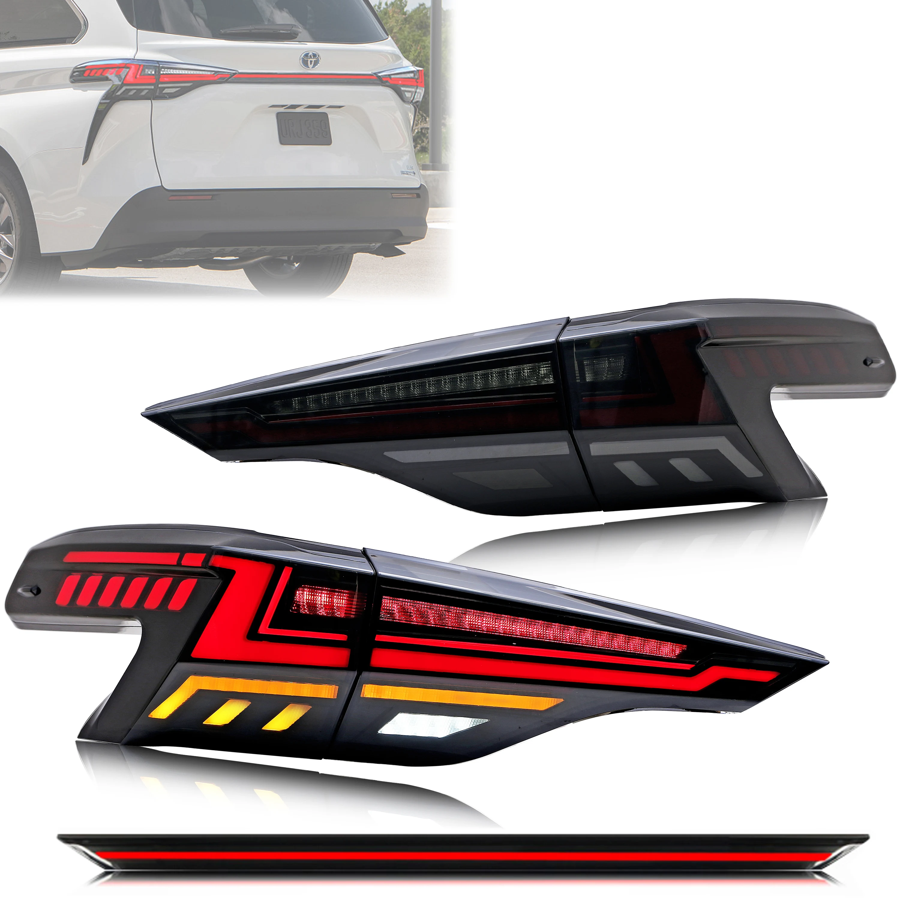 أضواء خلفية LED لتويوتا سيينا 2020-2026 إشارة متتابعة الرسوم المتحركة الديناميكية مجموعة المصابيح الخلفية السوداء مع المصباح الأوسط