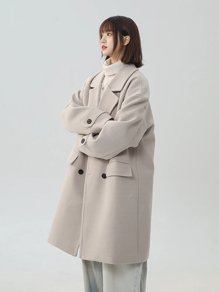 

ex Loose Fit Mid-Length Woolen Coat American High Street Color Trendy Casual Top Youth Warm Double-Breasted Coat