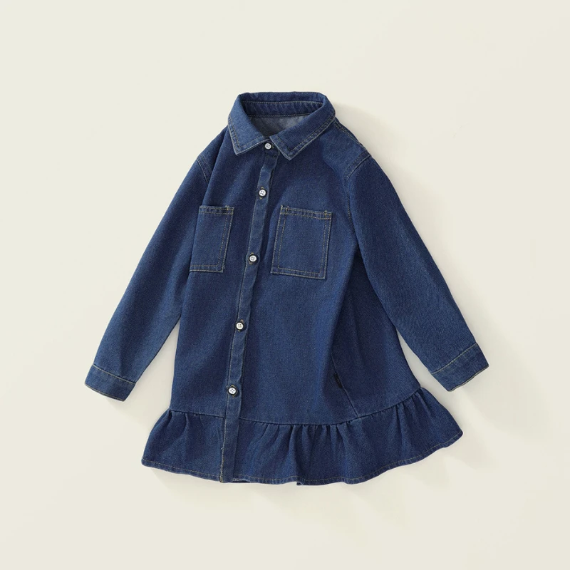 Girls Lapel Long-Sleeved Denim Dress Send Bow Tie 2024 Spring New Children\'s Korean Buttons Pockets Casual Loose Ruffled Dresses