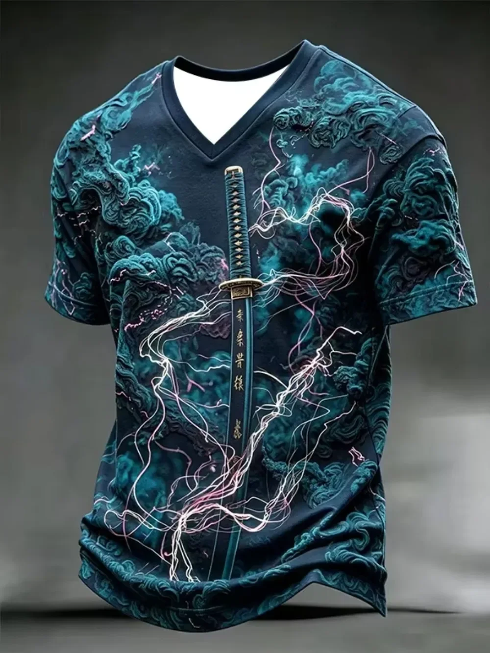 Men's V-neck T-shirt, Japanese Samurai Sword, 3D Printed Short Sleeve Blue Cloud Lightning Pattern, Summer Casual Streetwear Top