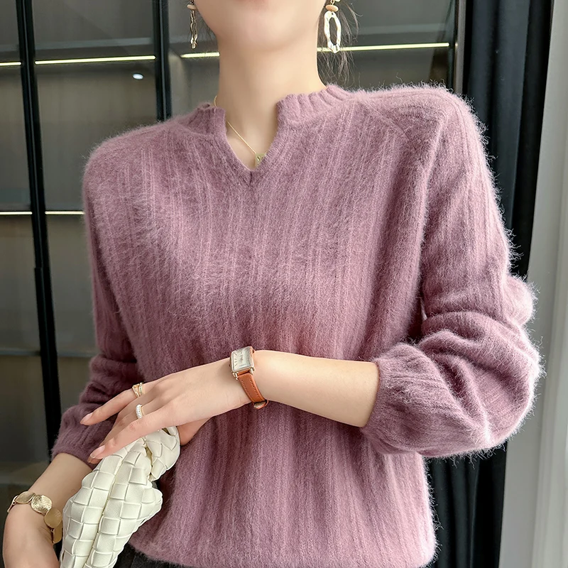 2024 Autumn and Winter New 100% Pure Cashmere Sweater Women V-Neck Long-Sleeved Pullover Sweater Loose Korean Knitted Base Shirt