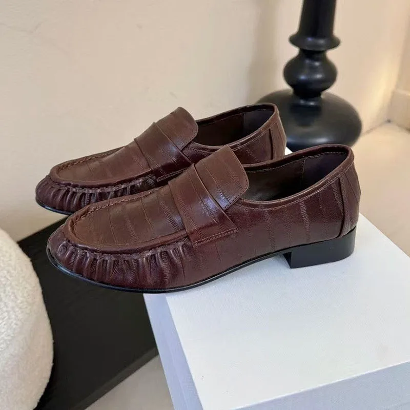 Wohnungen Runde Kappe Tiefem Mund Faul Faulenzer Frauen Echtes Leder Plissee Design Frühling Büro Pendeln Schuhe Zapatos De Mujer