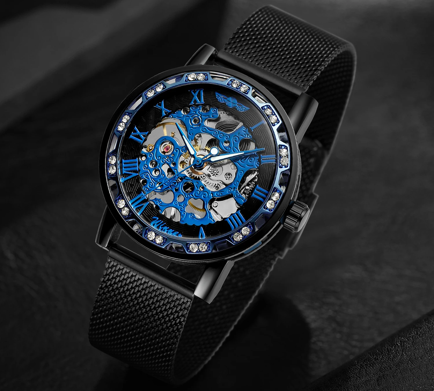 T-WINNER Klassische Herrenuhren, Skelett, mechanisch, leuchtende Zeiger, Strass-Mesh-Band, Mann, römische Ziffern, leicht ablesbare Armbanduhr