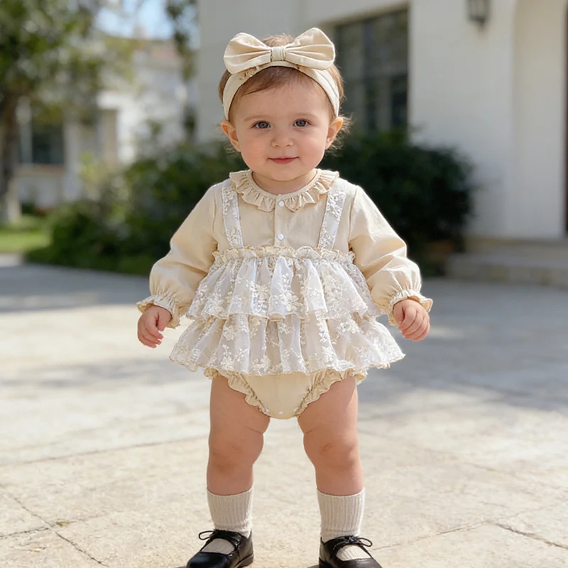 2026 New Spring Toddler Baby Girl Romper Long Sleeved Cotton Lace Splicing Korean Style Climbing Suit 0-24M Children Clothes