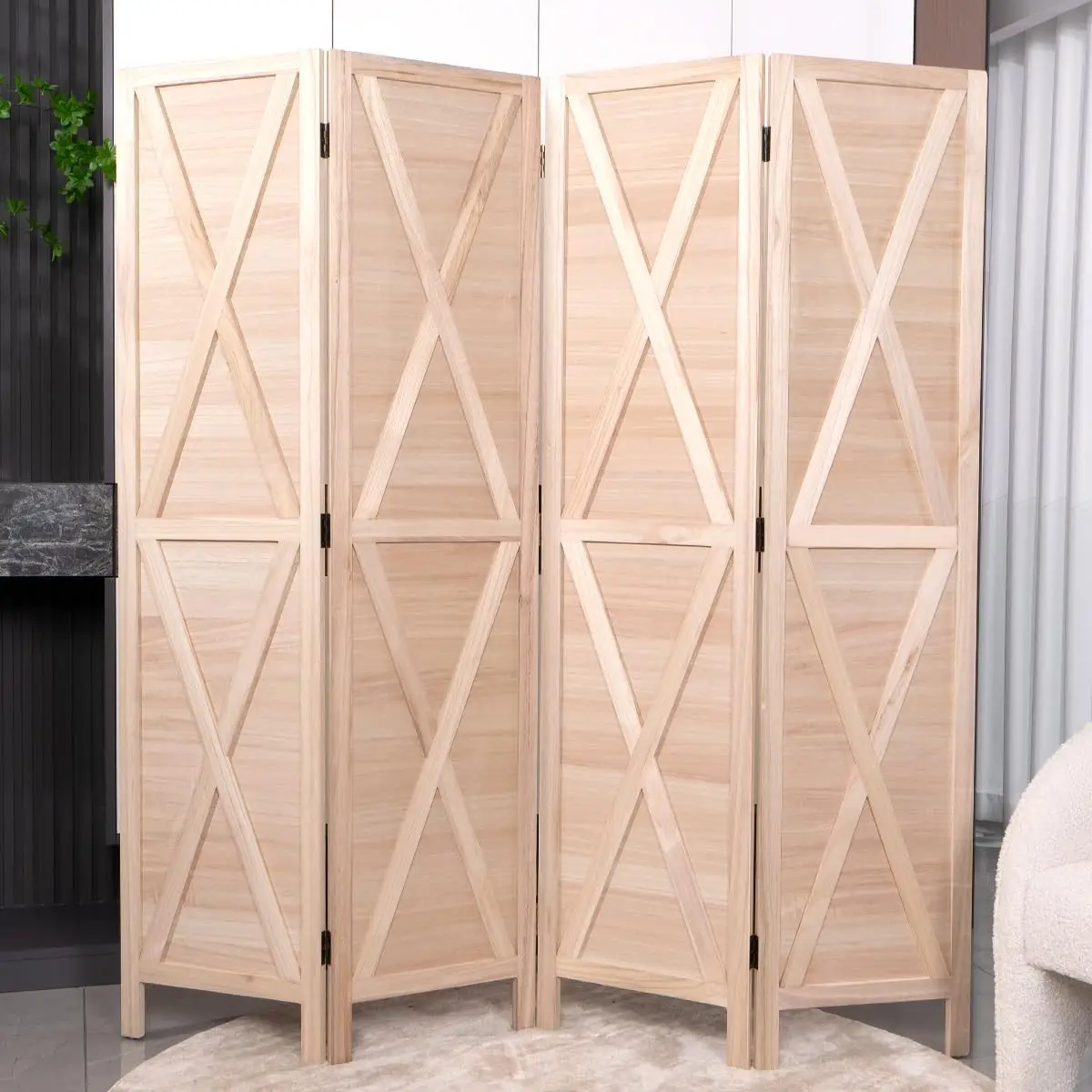 Room Divider, 4 Panel Wood Room dividers and Folding Privacy Screens, 5.6 FT Tall X-Shaped Rustic Freestanding Partition Wall di