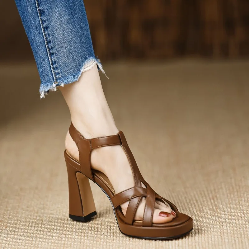 

Handmade Women's Shoes Summer Platform Square Head Square Heel Heightening Sandals Party Dress High Heels Fashion Buckle Strap