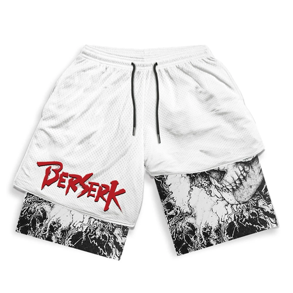 Berserk dos homens Anime Calções Esportivos, Shorts de Malha de Secagem Rápida, Manga Impressão 3D, 2-em-1, Desempenho Fitness, Verão