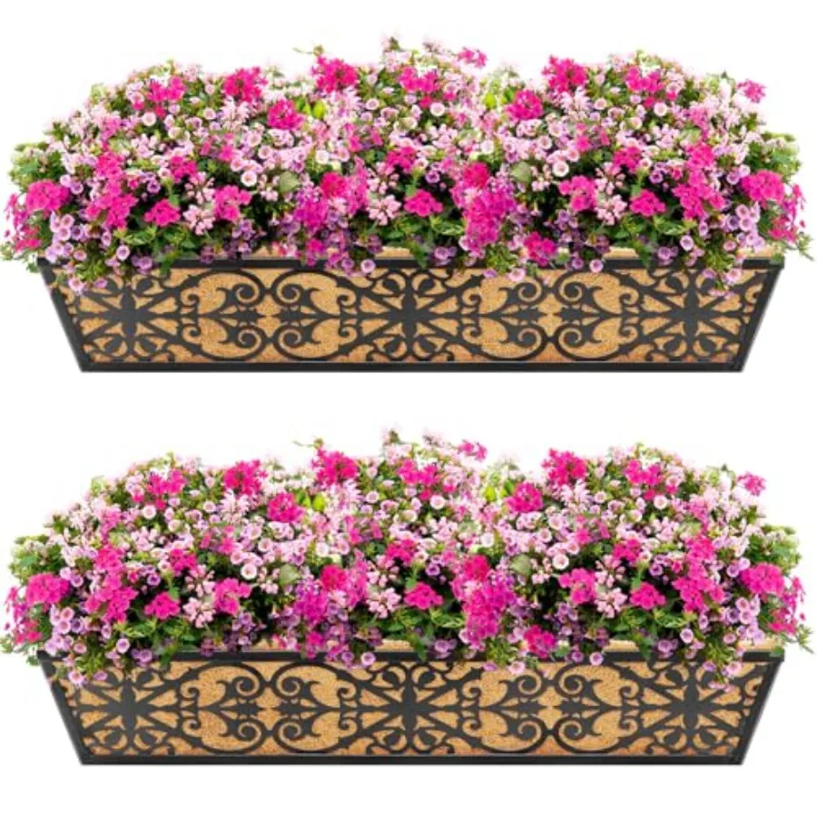 

2 Pack Window Boxes Planters with Adjustable Brackets and Coco Liners Fabric Plant Grow Bags Deck es Balcony Hanging Flower Box