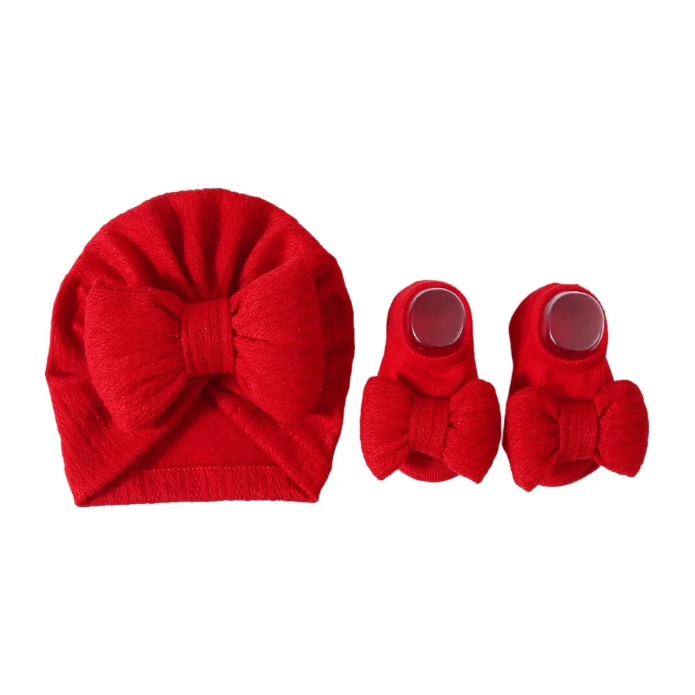 

Sweet Cute Cotton Knit Baby Hat Socks Set Big Bowknot 0-12 Months Baby Bow Fetal Cap Windproof Elastic Newborn Turban Hat Baby