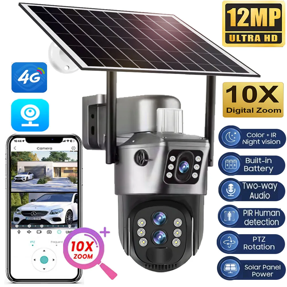 

6K 12MP Solar Cameras 4G Sim Outdoor Three Lens 10x Zoom Surveillance IP Wireless CCTV AI Tracking Camara 360 Security Cam V380