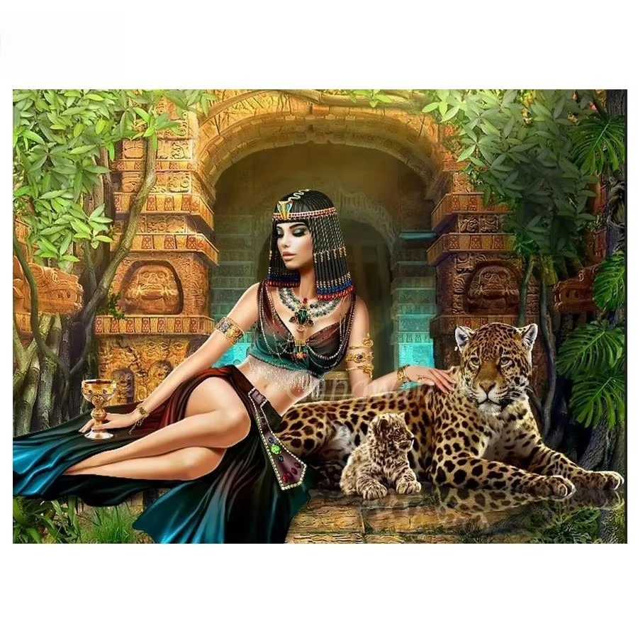 5D Runde und Quadratische Diamant-Stickerei Kleopatra DIY Komplettsets Diamantmalerei Mosaik Ägyptische Schönheit Leoparden-Bilder Strass-Kunst