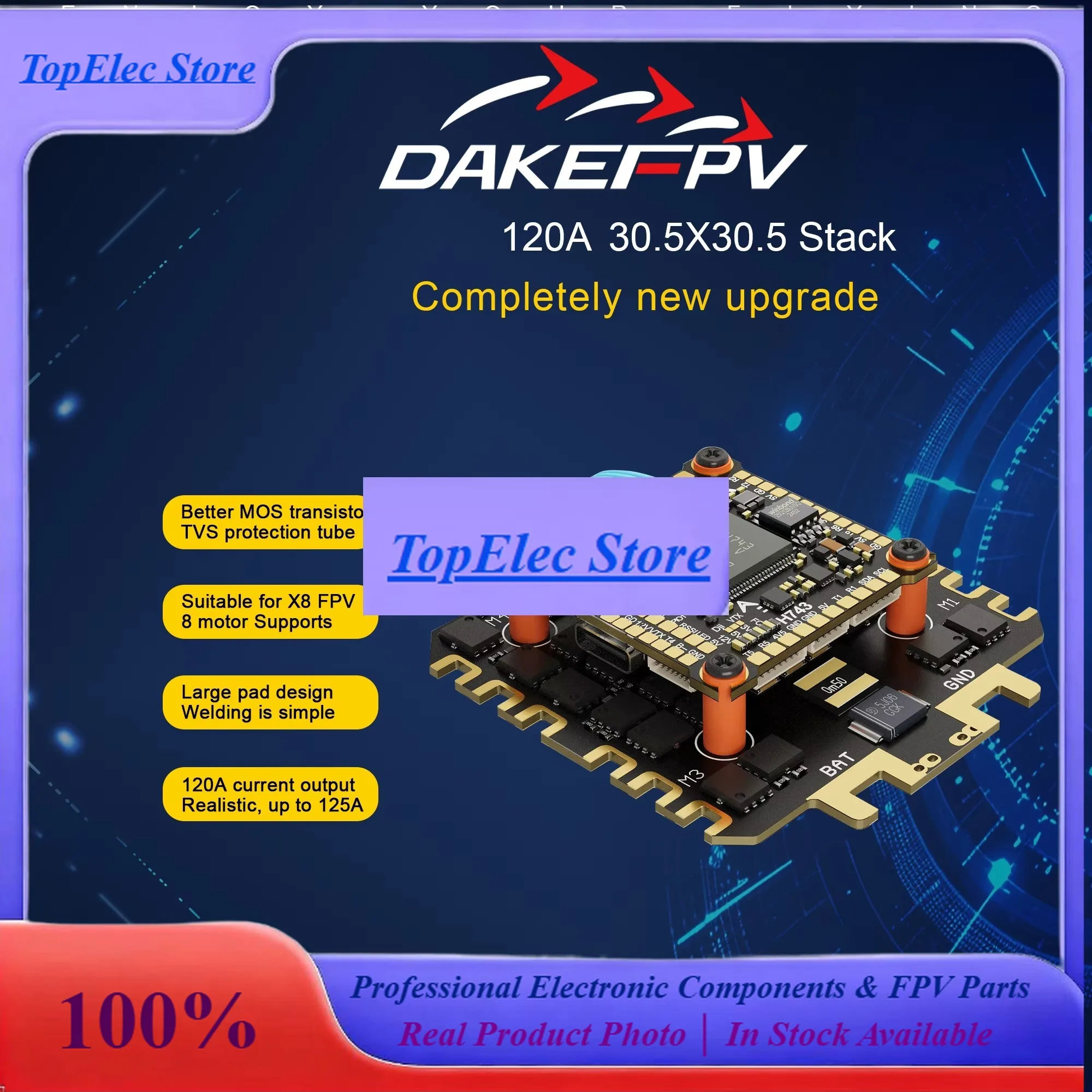 TopessDAKEFPV H743 100A/120A Stacked ICM42688P H743 Flight Control Module BLHELI_S 120A 4-in-1 ESC 30.5X30.5 Millimeters.