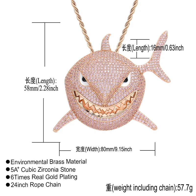 All Pink CZ Zircon Paved Bling Iced Out Big Shark Pendants Necklaces for Women Men Unisex Hip Hop Rapper Jewelry Drop Shipping