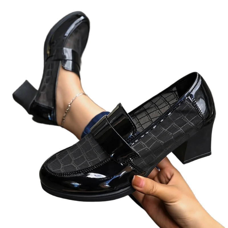 

British Style Summer Single Shoes High Heels Waterproof Platform Thick Heel Loafers Mesh Breathable Middle-Aged Leather Shoes