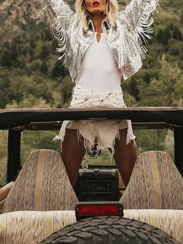 Automne nouvelles femmes gland paillettes veste fermeture éclair Streewear Rock rétro à manches longues argent réfléchissant manteau dame vêtements d'extérieur hauts